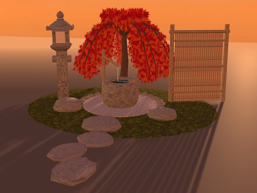 【VRChat想定】枝垂れ紅葉と蹲踞｜水をたたえた手水鉢・竹の筧・役石・織部灯籠・竹の袖垣｜茶庭の一角【unitypackage / FBX・OBJ】