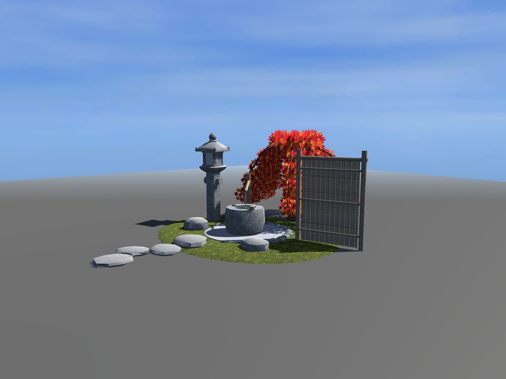 【VRChat想定】枝垂れ紅葉と蹲踞|水をたたえた手水鉢・竹の筧・役石・織部灯籠・竹の袖垣|茶庭の一角【unitypackage / FBX・OBJ】