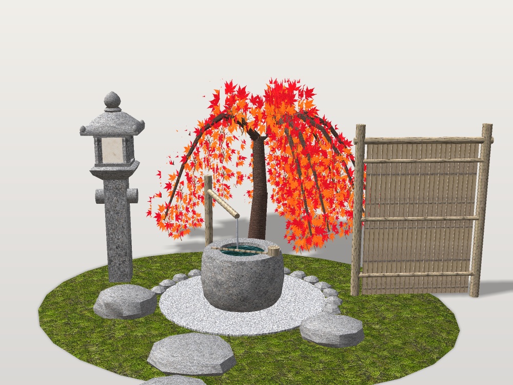【VRChat想定】枝垂れ紅葉と蹲踞|水をたたえた手水鉢・竹の筧・役石・織部灯籠・竹の袖垣|茶庭の一角【unitypackage / FBX・OBJ】
