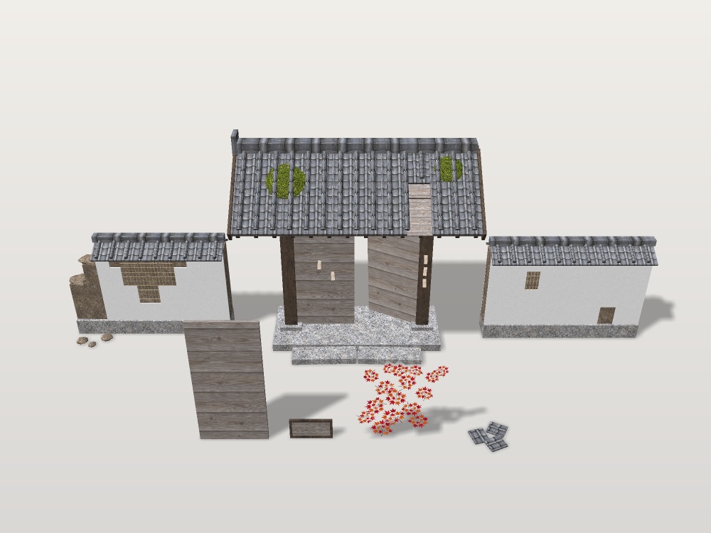 【VRChat想定】荒れ寺の山門と崩れ土塀|瓦の抜けた棟門・外れかけた扉・傾いた扁額・竹小舞の見える土塀・蔦紅葉|和風ホラー・廃寺【unitypackage / FBX・OBJ】