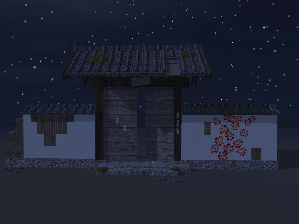 【VRChat想定】荒れ寺の山門と崩れ土塀|瓦の抜けた棟門・外れかけた扉・傾いた扁額・竹小舞の見える土塀・蔦紅葉|和風ホラー・廃寺【unitypackage / FBX・OBJ】