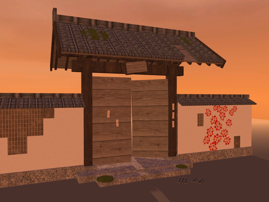 【VRChat想定】荒れ寺の山門と崩れ土塀|瓦の抜けた棟門・外れかけた扉・傾いた扁額・竹小舞の見える土塀・蔦紅葉|和風ホラー・廃寺【unitypackage / FBX・OBJ】