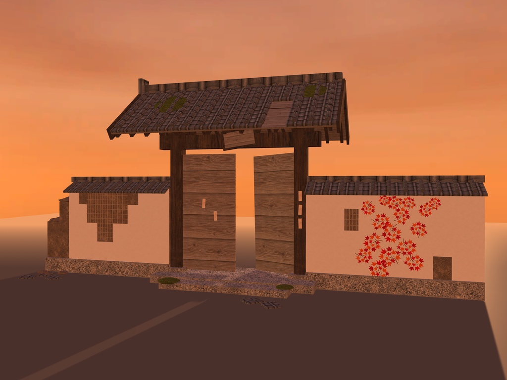 【VRChat想定】荒れ寺の山門と崩れ土塀｜瓦の抜けた棟門・外れかけた扉・傾いた扁額・竹小舞の見える土塀・蔦紅葉｜和風ホラー・廃寺【unitypackage / FBX・OBJ】