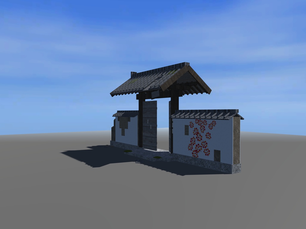 【VRChat想定】荒れ寺の山門と崩れ土塀|瓦の抜けた棟門・外れかけた扉・傾いた扁額・竹小舞の見える土塀・蔦紅葉|和風ホラー・廃寺【unitypackage / FBX・OBJ】