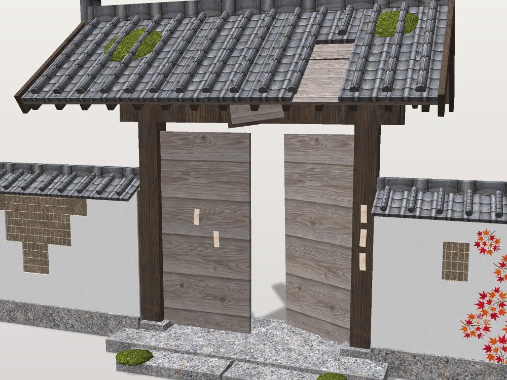 【VRChat想定】荒れ寺の山門と崩れ土塀|瓦の抜けた棟門・外れかけた扉・傾いた扁額・竹小舞の見える土塀・蔦紅葉|和風ホラー・廃寺【unitypackage / FBX・OBJ】