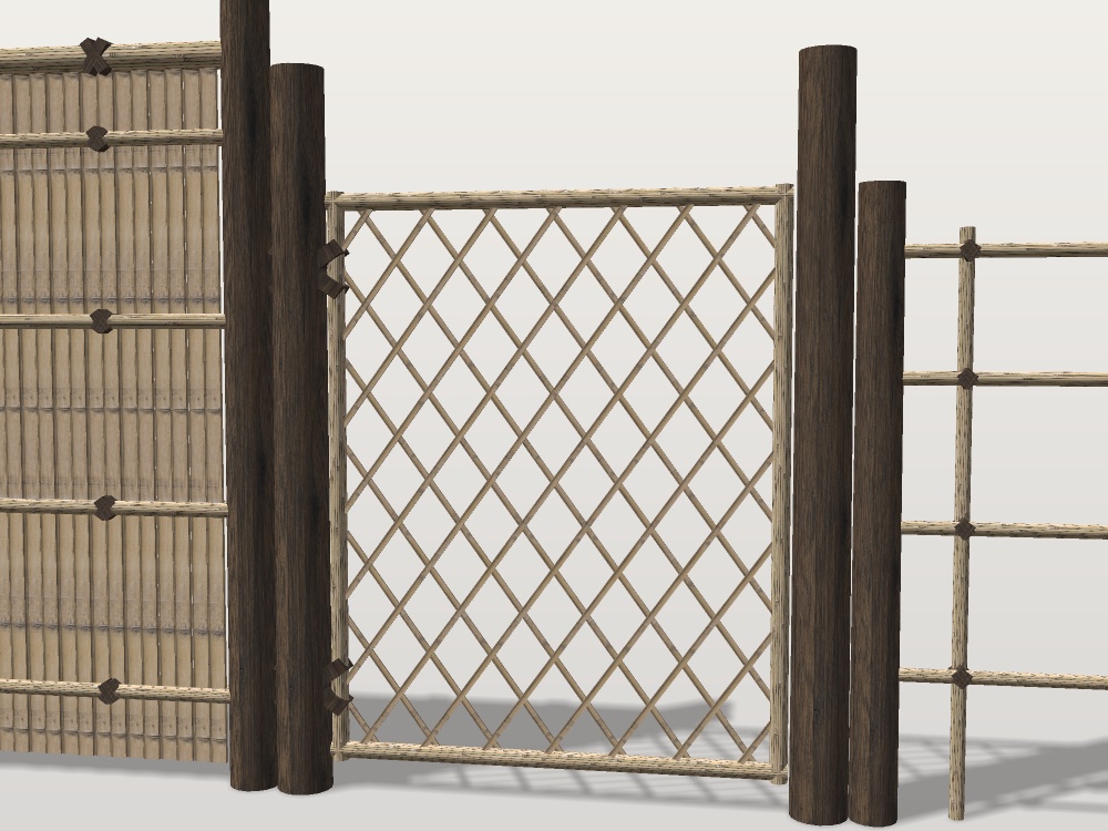【無料】竹垣と枝折戸|建仁寺垣・四つ目垣(各1.8m/0.9m)・枝折戸と門柱|日本庭園・茶庭の囲い【VRChat想定 / unitypackage・FBX・OBJ】