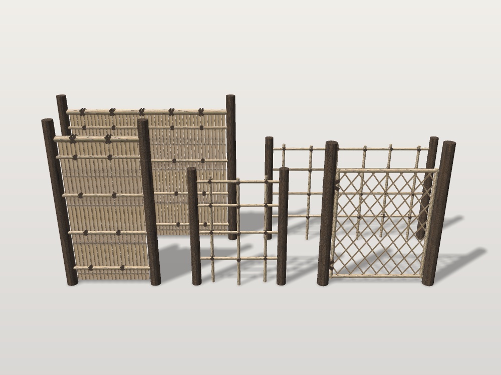 【無料】竹垣と枝折戸|建仁寺垣・四つ目垣(各1.8m/0.9m)・枝折戸と門柱|日本庭園・茶庭の囲い【VRChat想定 / unitypackage・FBX・OBJ】