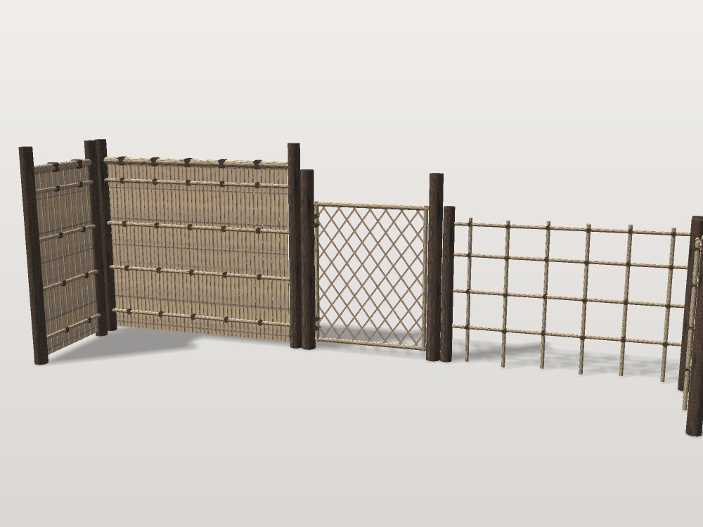 【無料】竹垣と枝折戸|建仁寺垣・四つ目垣(各1.8m/0.9m)・枝折戸と門柱|日本庭園・茶庭の囲い【VRChat想定 / unitypackage・FBX・OBJ】