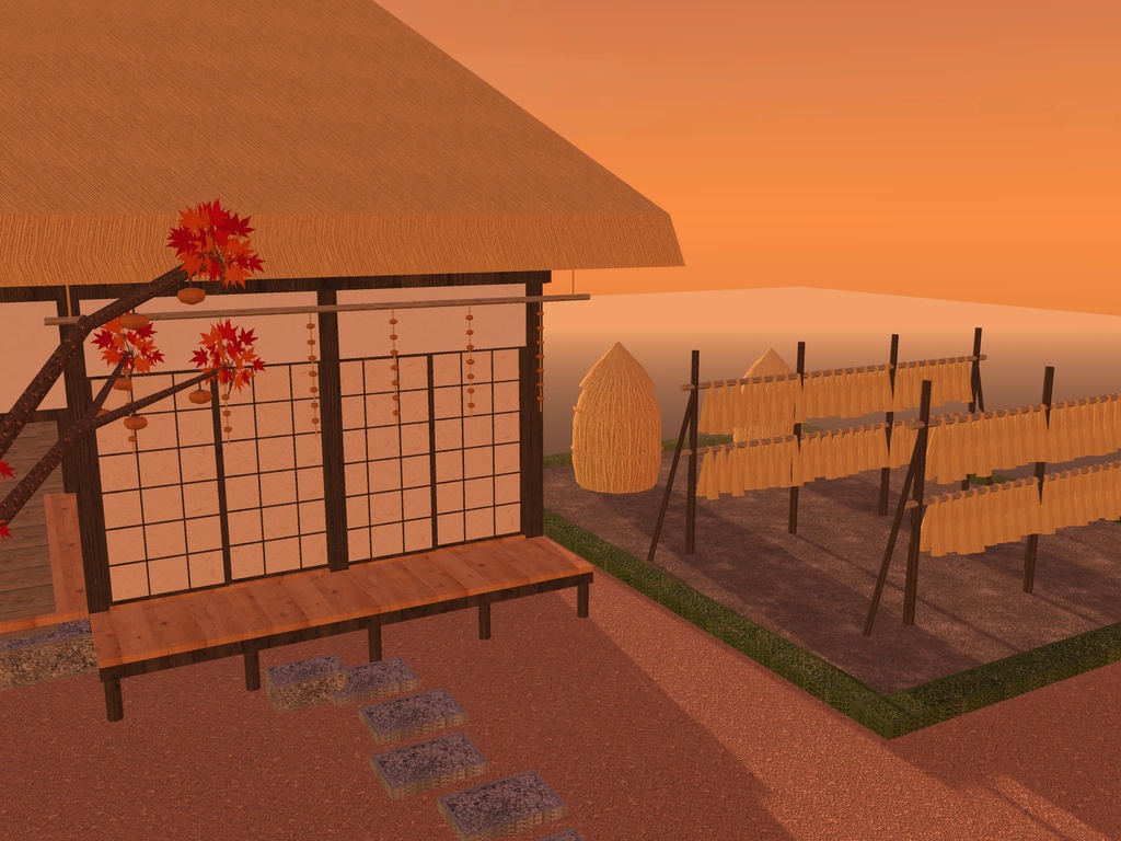 【VRChat想定】実りの秋の山里|茅葺きの農家・稲架掛け・藁塚・柿の木・干し柿・案山子|配置済みの情景セット【unitypackage / FBX・OBJ】