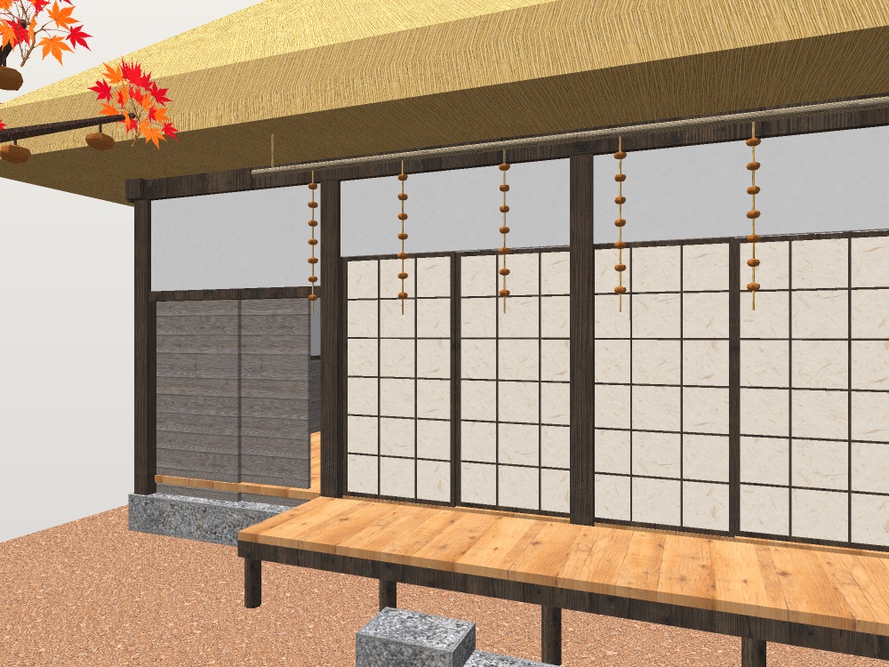 【VRChat想定】実りの秋の山里|茅葺きの農家・稲架掛け・藁塚・柿の木・干し柿・案山子|配置済みの情景セット【unitypackage / FBX・OBJ】
