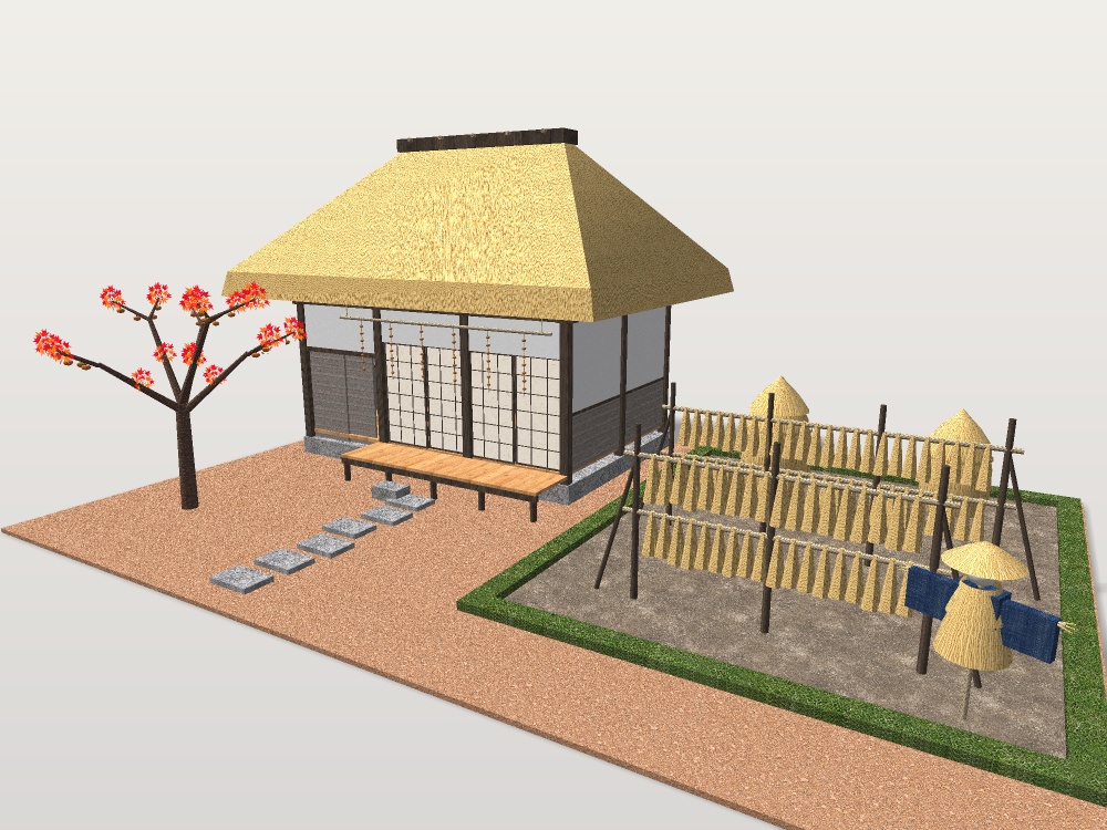 【VRChat想定】実りの秋の山里|茅葺きの農家・稲架掛け・藁塚・柿の木・干し柿・案山子|配置済みの情景セット【unitypackage / FBX・OBJ】
