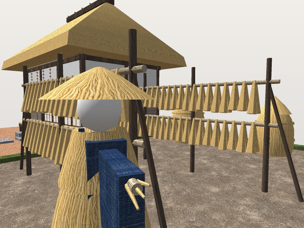 【VRChat想定】実りの秋の山里|茅葺きの農家・稲架掛け・藁塚・柿の木・干し柿・案山子|配置済みの情景セット【unitypackage / FBX・OBJ】