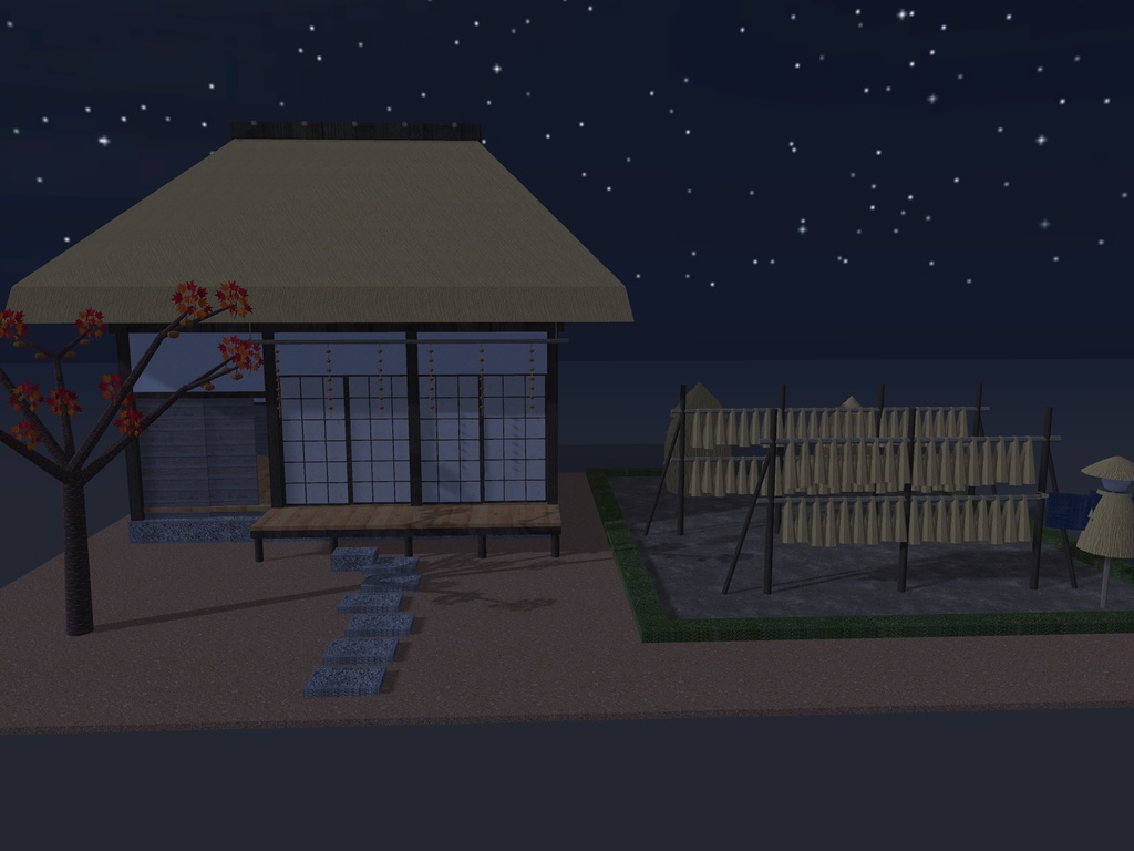 【VRChat想定】実りの秋の山里|茅葺きの農家・稲架掛け・藁塚・柿の木・干し柿・案山子|配置済みの情景セット【unitypackage / FBX・OBJ】