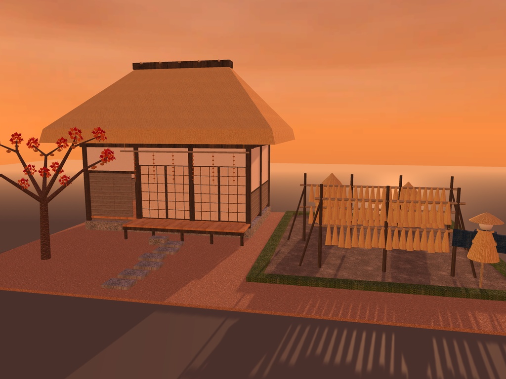 【VRChat想定】実りの秋の山里｜茅葺きの農家・稲架掛け・藁塚・柿の木・干し柿・案山子｜配置済みの情景セット【unitypackage / FBX・OBJ】