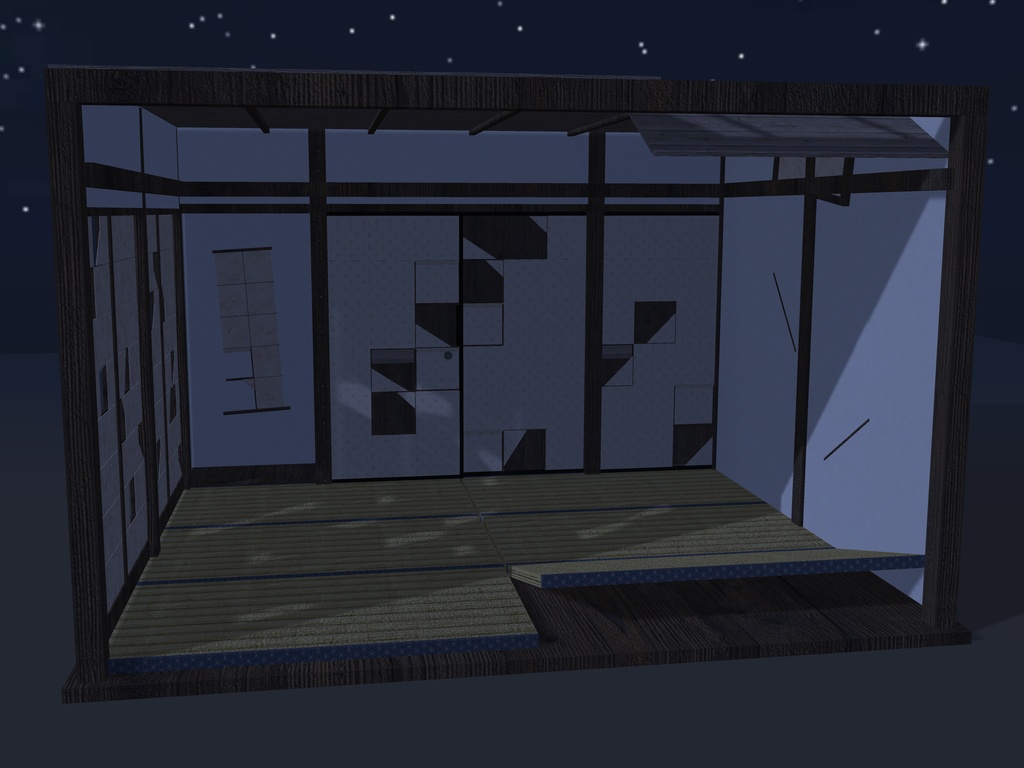 【VRChat想定】お化け屋敷の破れ座敷|六畳・破れ襖の押入れ・破れ障子・めくれた畳・垂れた天井板・床の間|和風ハロウィン・肝試し【unitypackage / FBX・OBJ】