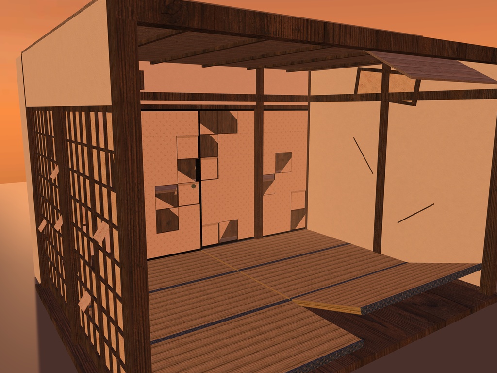 【VRChat想定】お化け屋敷の破れ座敷|六畳・破れ襖の押入れ・破れ障子・めくれた畳・垂れた天井板・床の間|和風ハロウィン・肝試し【unitypackage / FBX・OBJ】