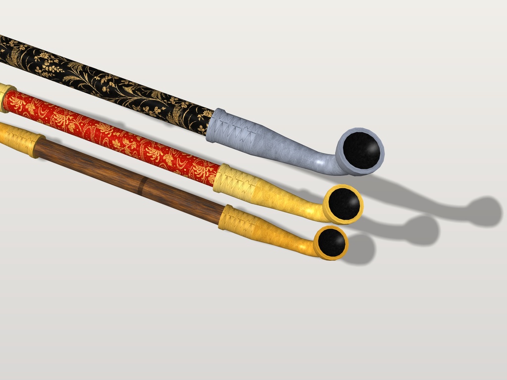 【VRChat想定】煙管 三種|黒漆に金蒔絵・朱漆に金蒔絵・煤竹|手に持つ・口にくわえる和風の小道具【Modular Avatar 設定済みPrefab / unitypackage・FBX】