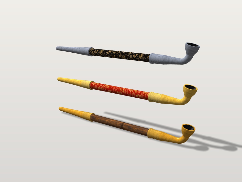【VRChat想定】煙管 三種|黒漆に金蒔絵・朱漆に金蒔絵・煤竹|手に持つ・口にくわえる和風の小道具【Modular Avatar 設定済みPrefab / unitypackage・FBX】