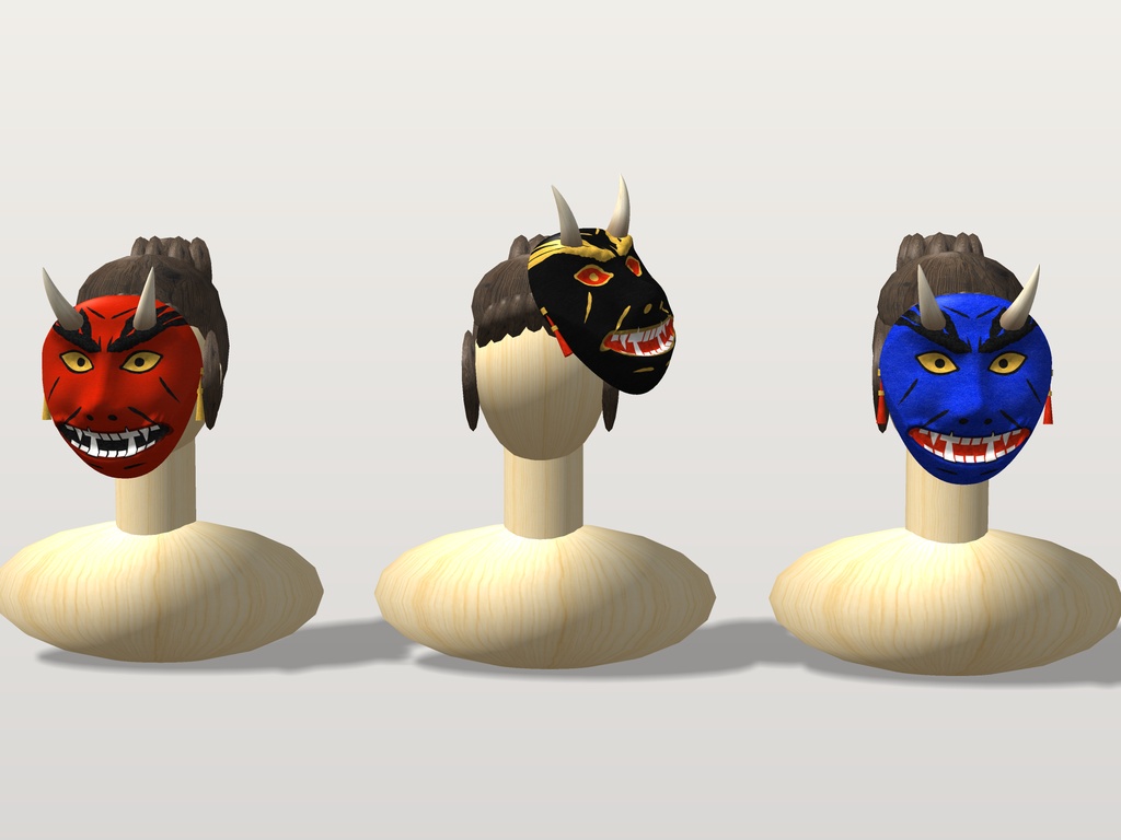 【VRChat想定】鬼の面 三色（赤鬼・青鬼・黒鬼）｜Head 装飾品｜和風・祭り・節分のお面【Modular Avatar 設定済みPrefab / unitypackage・FBX】