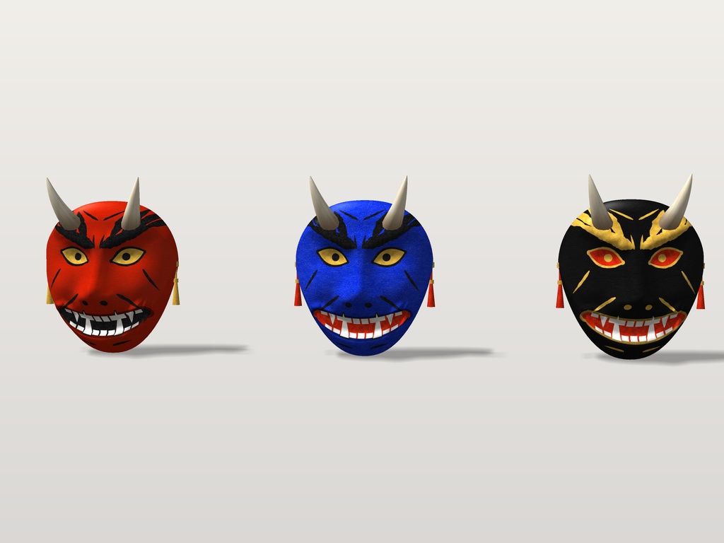 【VRChat想定】鬼の面 三色(赤鬼・青鬼・黒鬼)|Head 装飾品|和風・祭り・節分のお面【Modular Avatar 設定済みPrefab / unitypackage・FBX】