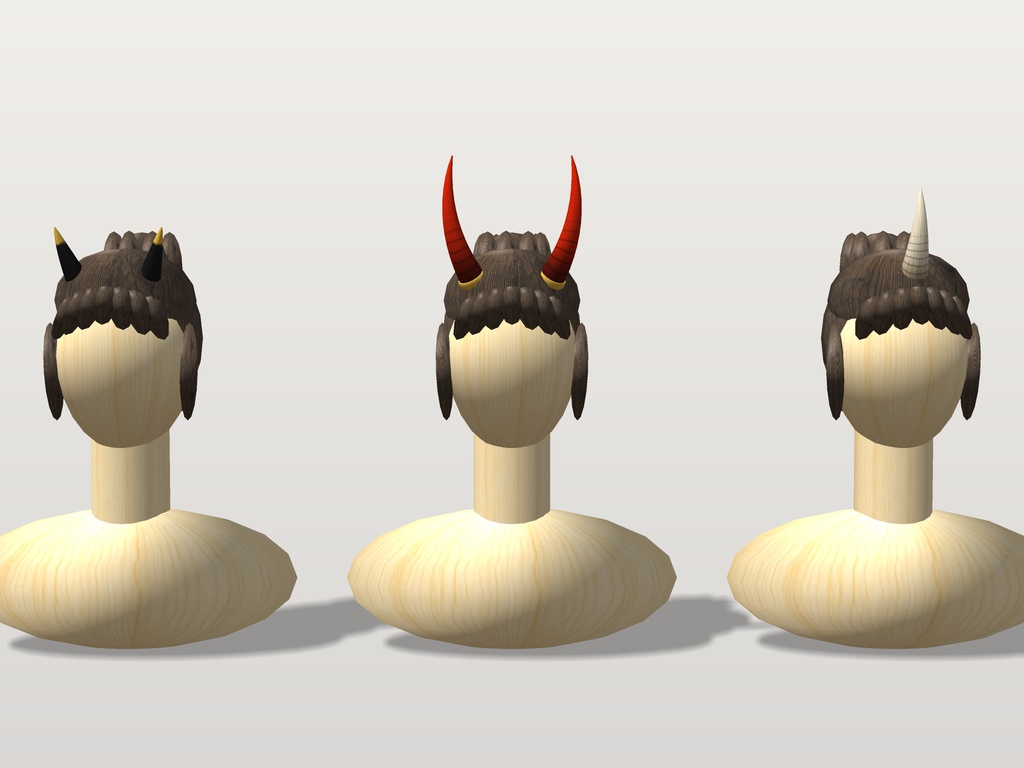 【VRChat想定】鬼の角 三形三色（短い二本角・長い二本角・一本角 × 朱・黒・白）｜Head 装飾品【Modular Avatar 設定済みPrefab / unitypackage・FBX】