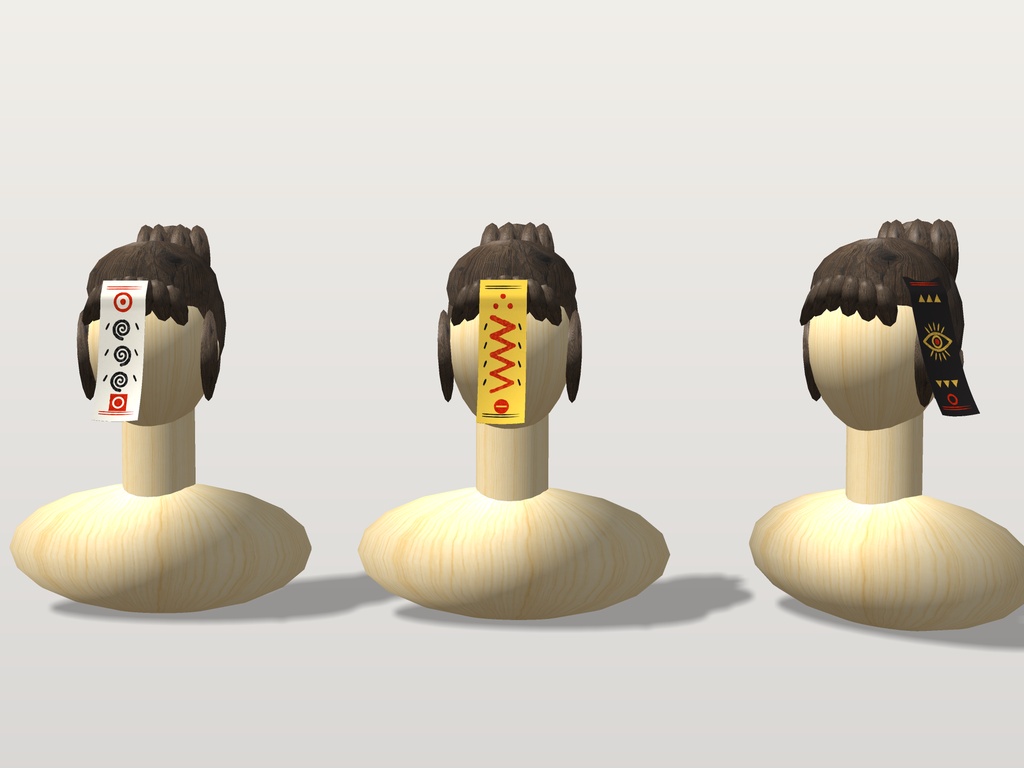 【VRChat想定】お札 三柄(白地に朱印と墨の渦・黄地に朱の稲妻・黒地に金の目)|Head 装飾品|額に貼る・頭の横に貼る【Modular Avatar 設定済みPrefab / unitypackage・FBX】
