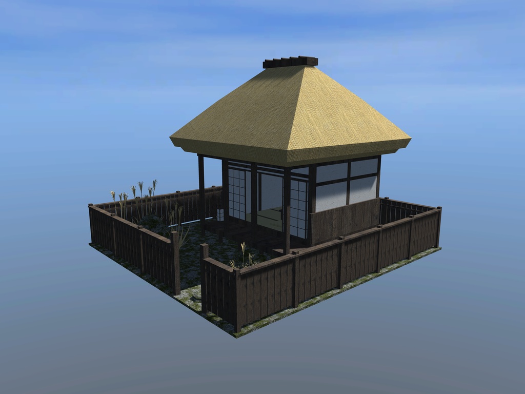 【VRChat想定|ホーム素体】秋の離れ 一棟|茅葺きの六畳・縁側・ススキの坪庭・板塀|マテリアル5【unitypackage / FBX・OBJ】