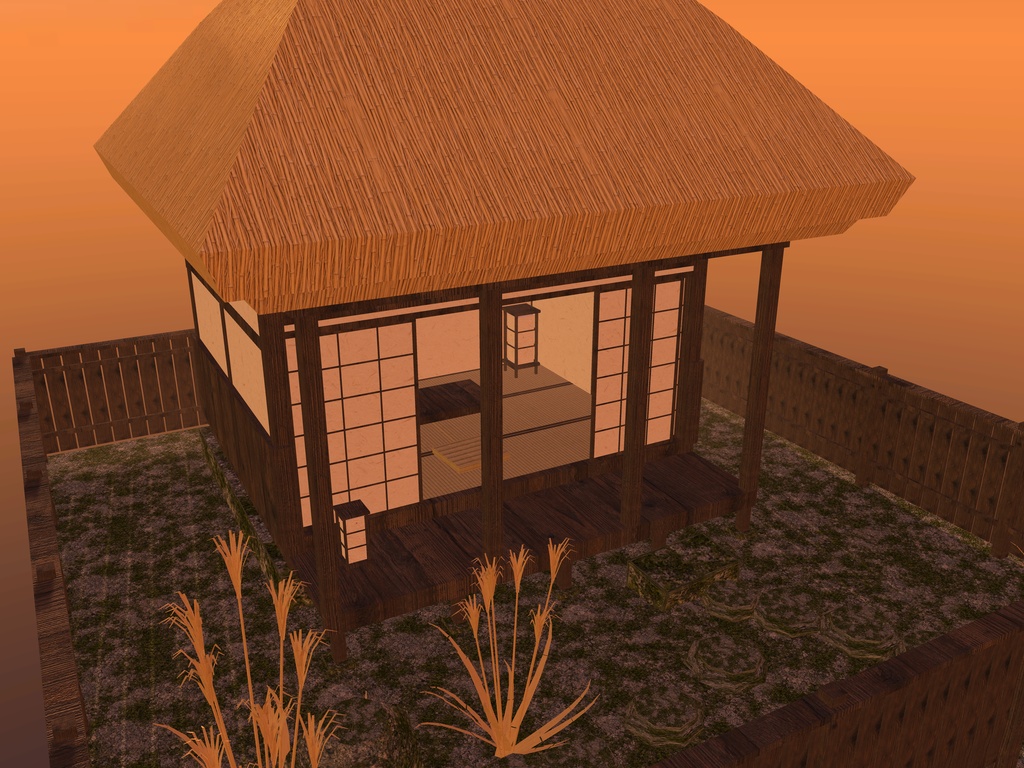 【VRChat想定|ホーム素体】秋の離れ 一棟|茅葺きの六畳・縁側・ススキの坪庭・板塀|マテリアル5【unitypackage / FBX・OBJ】