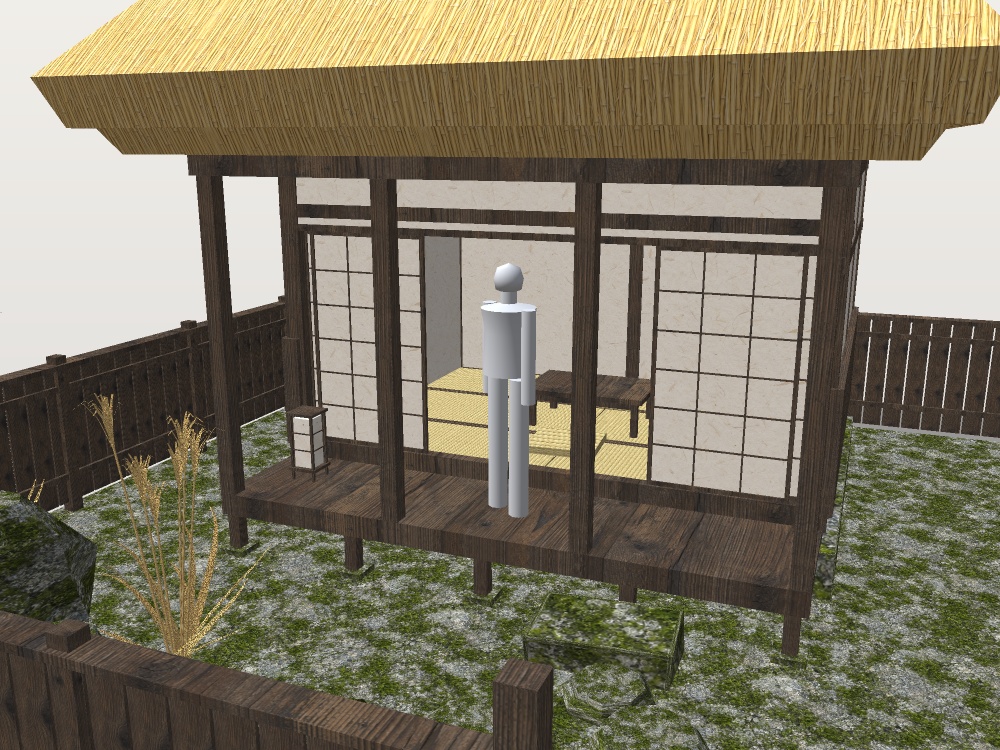 【VRChat想定|ホーム素体】秋の離れ 一棟|茅葺きの六畳・縁側・ススキの坪庭・板塀|マテリアル5【unitypackage / FBX・OBJ】