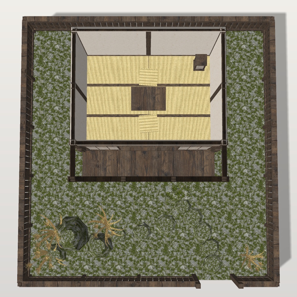 【VRChat想定|ホーム素体】秋の離れ 一棟|茅葺きの六畳・縁側・ススキの坪庭・板塀|マテリアル5【unitypackage / FBX・OBJ】