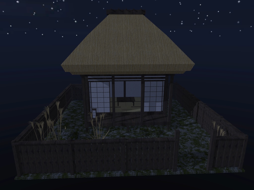 【VRChat想定|ホーム素体】秋の離れ 一棟|茅葺きの六畳・縁側・ススキの坪庭・板塀|マテリアル5【unitypackage / FBX・OBJ】