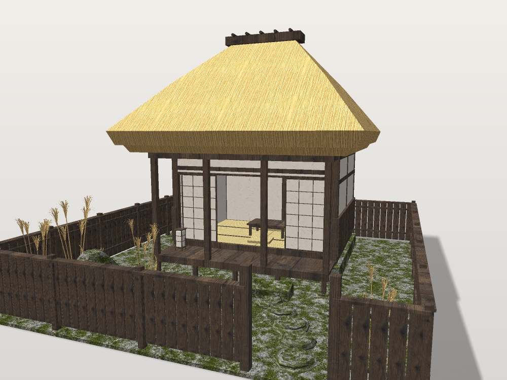 【VRChat想定|ホーム素体】秋の離れ 一棟|茅葺きの六畳・縁側・ススキの坪庭・板塀|マテリアル5【unitypackage / FBX・OBJ】