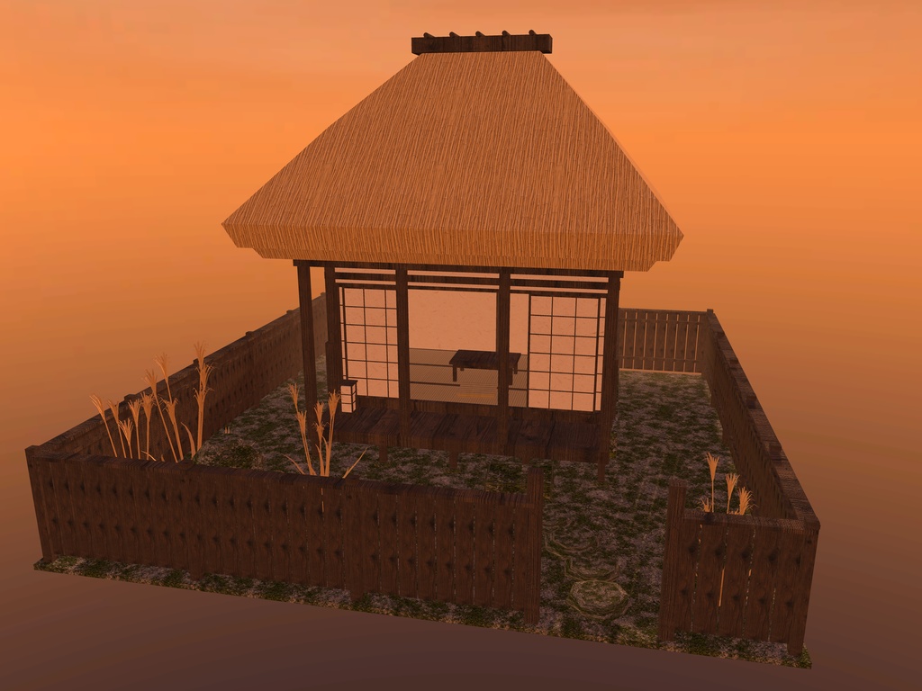 【VRChat想定｜ホーム素体】秋の離れ 一棟｜茅葺きの六畳・縁側・ススキの坪庭・板塀｜マテリアル5【unitypackage / FBX・OBJ】