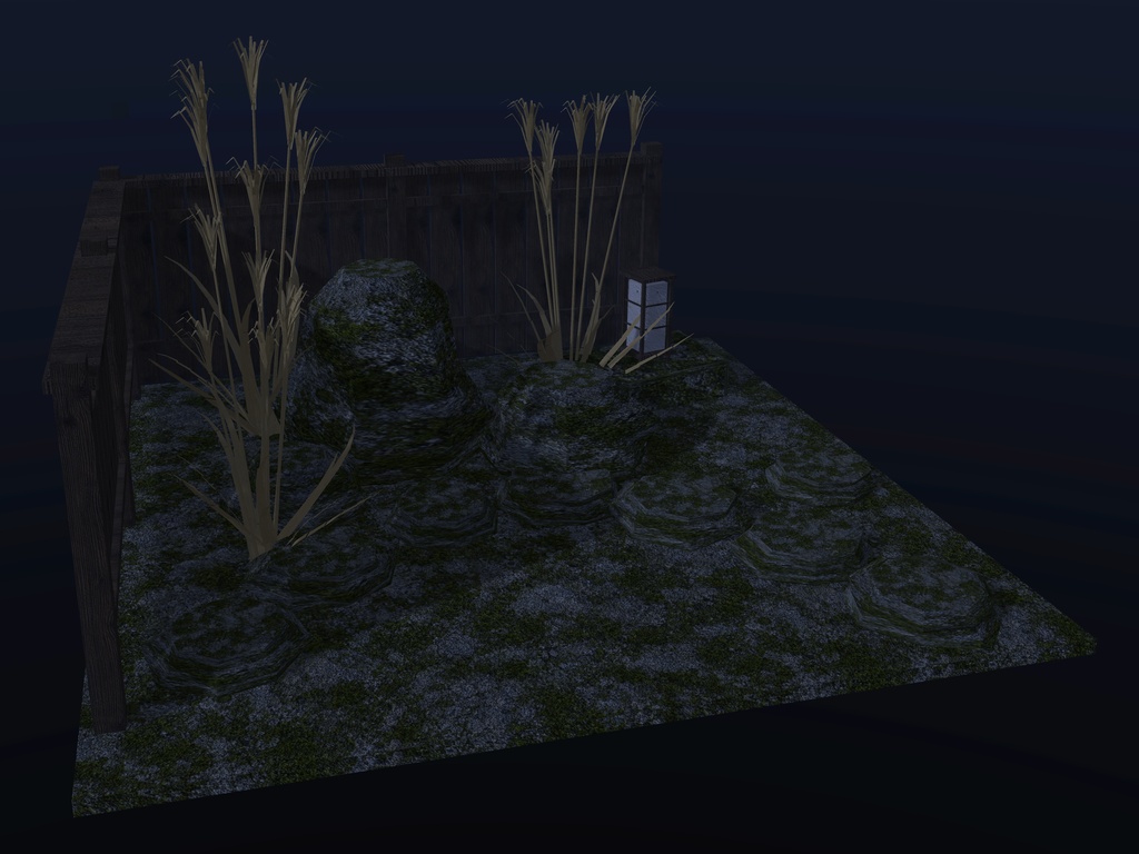 【VRChat想定】坪庭の石とススキ|苔むした景石・飛び石・ススキ・板塀・置き行灯|庭の部品【unitypackage / FBX・OBJ】