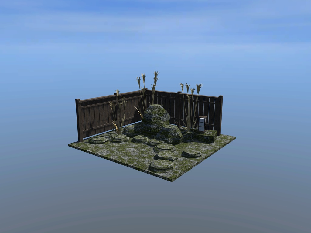 【VRChat想定】坪庭の石とススキ|苔むした景石・飛び石・ススキ・板塀・置き行灯|庭の部品【unitypackage / FBX・OBJ】