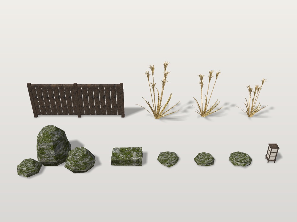 【VRChat想定】坪庭の石とススキ|苔むした景石・飛び石・ススキ・板塀・置き行灯|庭の部品【unitypackage / FBX・OBJ】