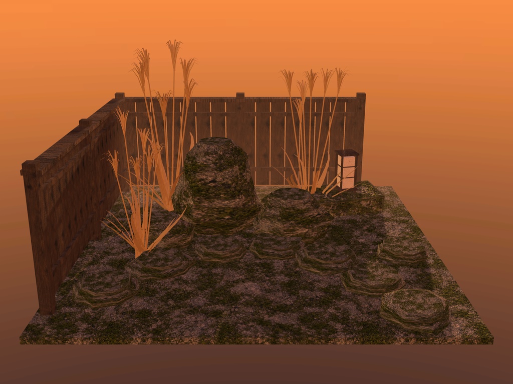 【VRChat想定】坪庭の石とススキ｜苔むした景石・飛び石・ススキ・板塀・置き行灯｜庭の部品【unitypackage / FBX・OBJ】