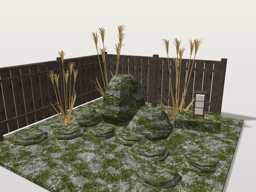 【VRChat想定】坪庭の石とススキ|苔むした景石・飛び石・ススキ・板塀・置き行灯|庭の部品【unitypackage / FBX・OBJ】