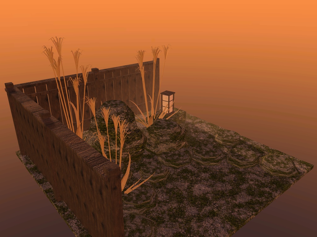 【VRChat想定】坪庭の石とススキ|苔むした景石・飛び石・ススキ・板塀・置き行灯|庭の部品【unitypackage / FBX・OBJ】
