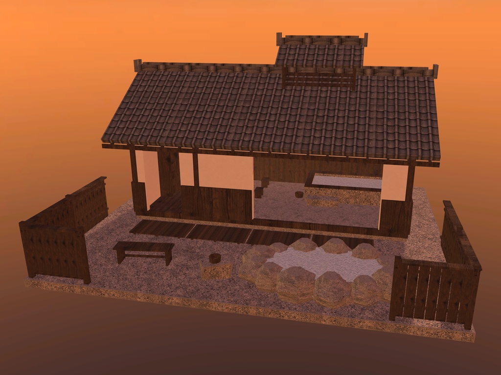 【VRChat想定|ホーム素体】湯屋 一棟|瓦屋根・石の内湯・洗い場・脱衣所・岩の露天|マテリアル5【unitypackage / FBX・OBJ】