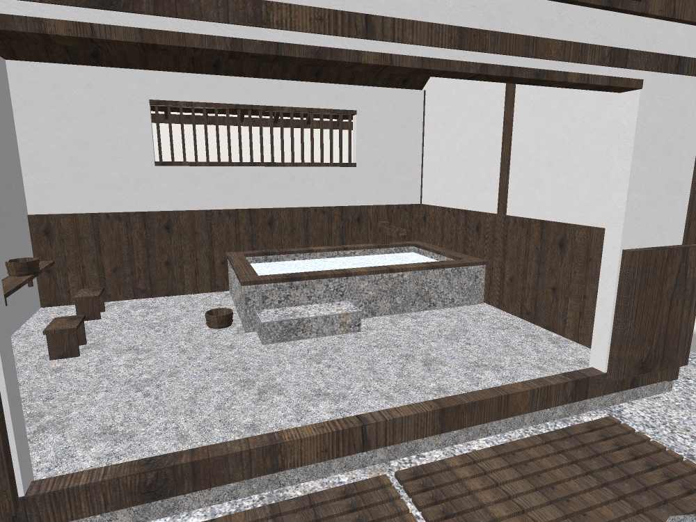 【VRChat想定|ホーム素体】湯屋 一棟|瓦屋根・石の内湯・洗い場・脱衣所・岩の露天|マテリアル5【unitypackage / FBX・OBJ】