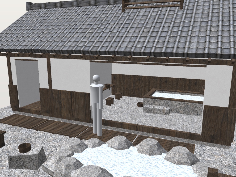 【VRChat想定|ホーム素体】湯屋 一棟|瓦屋根・石の内湯・洗い場・脱衣所・岩の露天|マテリアル5【unitypackage / FBX・OBJ】