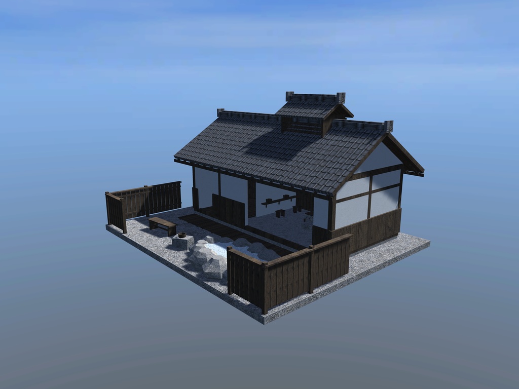 【VRChat想定|ホーム素体】湯屋 一棟|瓦屋根・石の内湯・洗い場・脱衣所・岩の露天|マテリアル5【unitypackage / FBX・OBJ】