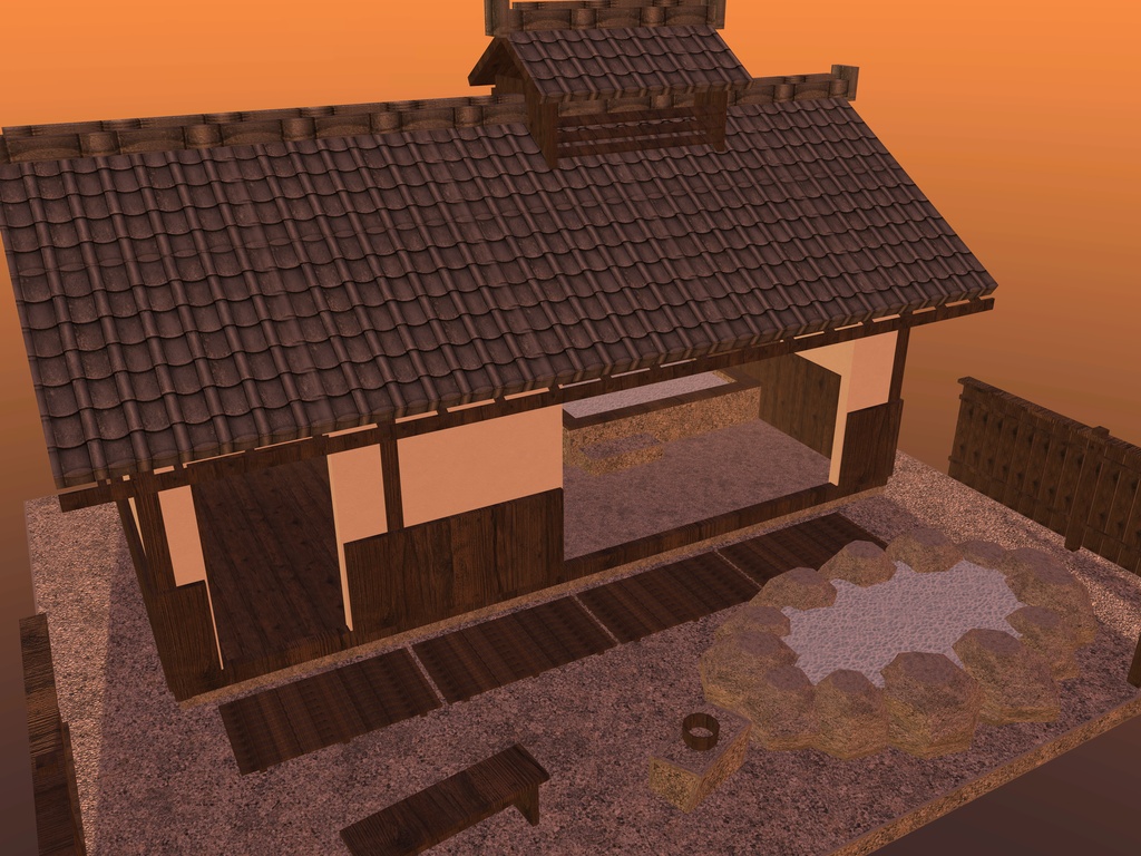 【VRChat想定|ホーム素体】湯屋 一棟|瓦屋根・石の内湯・洗い場・脱衣所・岩の露天|マテリアル5【unitypackage / FBX・OBJ】