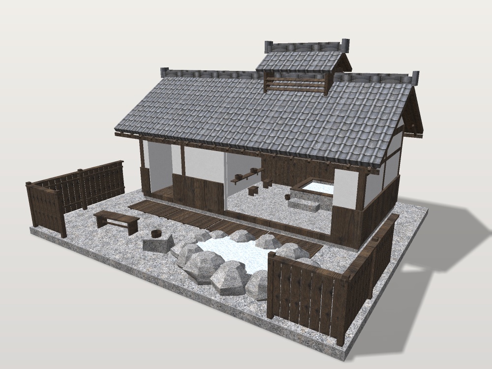 【VRChat想定|ホーム素体】湯屋 一棟|瓦屋根・石の内湯・洗い場・脱衣所・岩の露天|マテリアル5【unitypackage / FBX・OBJ】