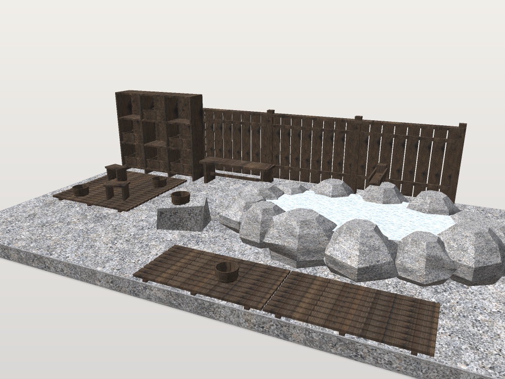 【VRChat想定】湯屋の露天と調度|岩の露天・脱衣棚と籠・すのこ・縁台・湯桶・湯口・板塀|部品【unitypackage / FBX・OBJ】