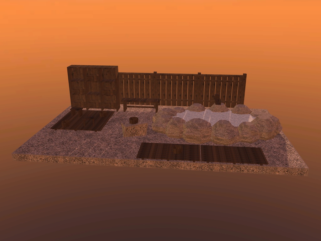 【VRChat想定】湯屋の露天と調度|岩の露天・脱衣棚と籠・すのこ・縁台・湯桶・湯口・板塀|部品【unitypackage / FBX・OBJ】