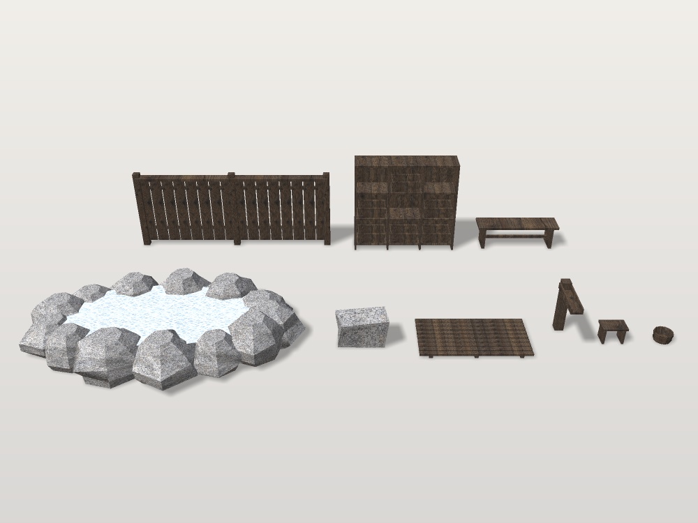 【VRChat想定】湯屋の露天と調度|岩の露天・脱衣棚と籠・すのこ・縁台・湯桶・湯口・板塀|部品【unitypackage / FBX・OBJ】
