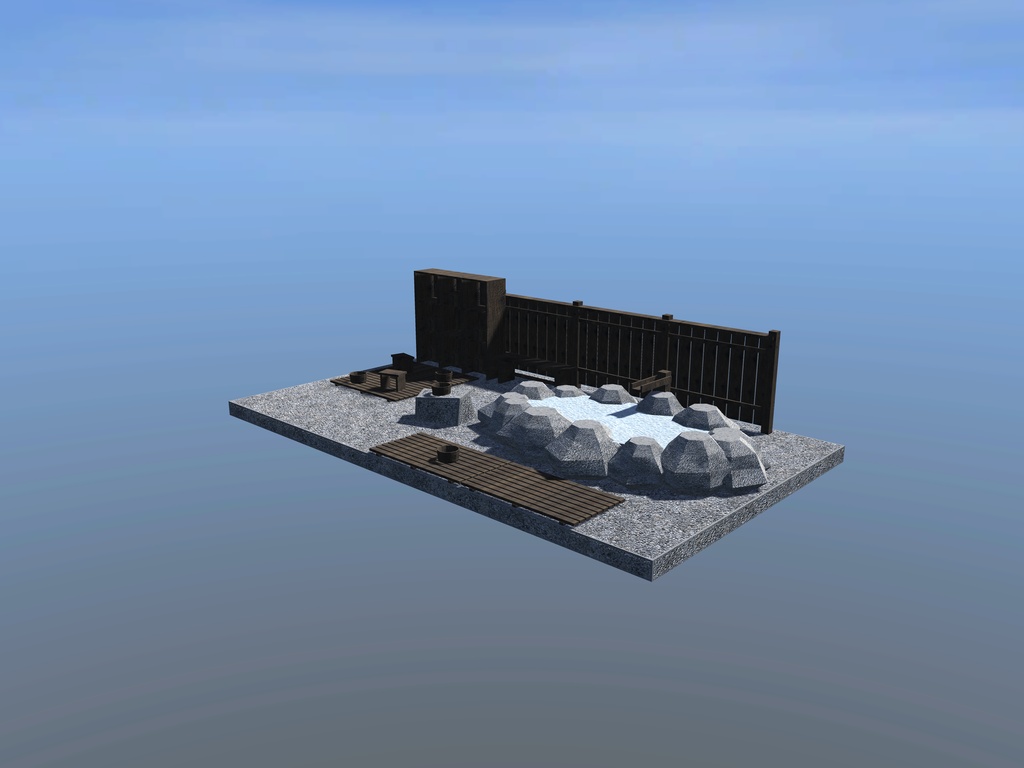 【VRChat想定】湯屋の露天と調度|岩の露天・脱衣棚と籠・すのこ・縁台・湯桶・湯口・板塀|部品【unitypackage / FBX・OBJ】