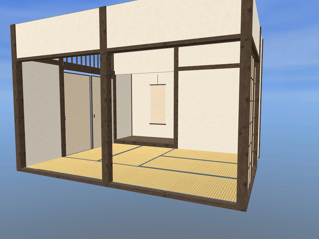 【VRChat想定】1マテリアルで組める和室キット｜畳・襖・障子・柱・壁・床の間・天井 23部品｜半間0.91mグリッド・六畳の組み見本つき【unitypackage / FBX・OBJ】